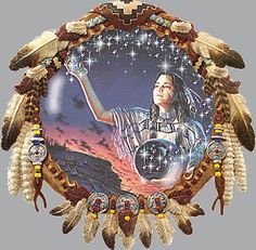 a native american woman with feathers and stars on her head is surrounded by an intricate frame