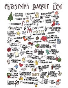 a christmas bucket list is shown in this hand drawn doodled style with words and pictures