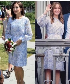 two pictures of people in dresses and one is holding flowers