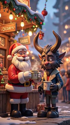 an animated christmas scene with santa claus and a horned animal standing on a city street