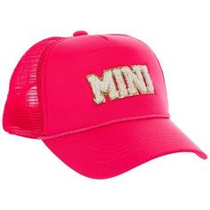 Size: Youth One Size Fits Most Color: Hot Pink, White & Gold Content: 94% Polyester & 6% Spandex Quantity: 1 Care: Spot Clean With Damp Cloth or Sponge Create an eye-catching beach outfit with this Mini Trucker Hat. This hot pink cap has the word "Mini" in white chenille letters outlined by gold sequins on its front. Fit it to your head with the plastic adjuster strap at its back, and wear it to finish off your bright summer style! Or, pair it with our Mama Trucker Hat for a fun matching outfit with your child! Pink Summer Baseball Cap, Casual Pink Trucker Hat For Beach, Casual Pink Trucker Hat For The Beach, Adjustable Pink Baseball Cap For Summer, Pink Adjustable Baseball Cap For Summer, Trendy Baseball Cap For Beach Season, Pink Summer Baseball Cap For Beach, Pink Summer Trucker Hat, Pink Snapback Summer Hat