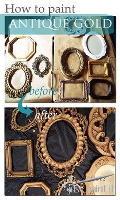 the before and after pictures of an antique gold paint job on a table with various frames