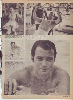 an old newspaper article with pictures of men in bathing suits and one man without shirt