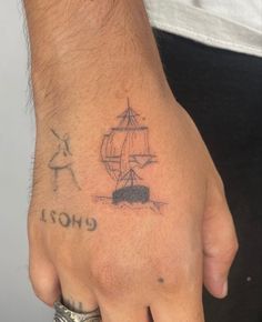 a man's hand with a tattoo on it and a ship in the background