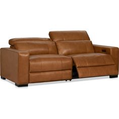 a brown leather reclining sofa with the arm rest down on it's back