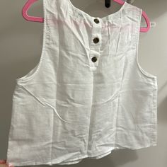 Nwt Never Worn White Linen Top From J Crew. Brown Button Detail On The Back White Buttoned Top For Vacation, White Summer Tops With Button Closure, Casual Cotton Tank Top With Buttons, Casual White Cami Vest, Cotton Button-up Vest Top, Summer Tank Tops With Buttons, Buttoned Tank Tops For Summer, Sleeveless Summer Tops With Buttons, Cotton Tops With Buttons For Vacation