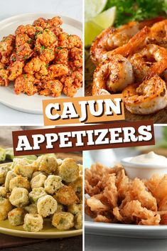 the collage shows different types of appetizers and sauces on plates, including shrimp