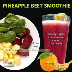 an orange and spinach smoothie next to a plate with fruit on it, labeled pineapple beet smoothie