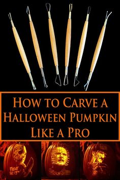 A set of pumpkin carving tools with 3 carved pumpkins. Pro Pumpkin Carving, How To Carve Pumpkins, Diy Pumpkin Carving Ideas Easy, Pumpkin Carving How To, Best Way To Carve A Pumpkin, Insane Pumpkin Carving, Shaved Pumpkin Carving, Pumpkin Mushroom Carving, Professional Pumpkin Carving