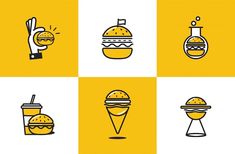 four different types of hamburgers and drinks on yellow background with black and white lines