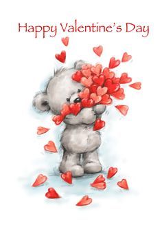 a valentine's day card with a teddy bear holding hearts