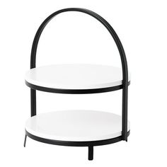 two tiered black and white shelf with round shelves on each side, isolated against a white background