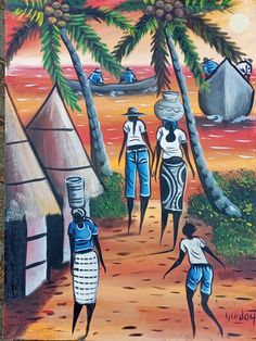 a painting of people walking down a dirt road