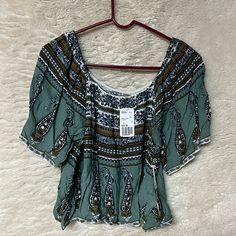 Brand New With Tags Forever 21 Multi Color Blouse. Size Small Casual Rayon Crop Top For Summer, Casual Rayon Crop Top For Day Out, Bohemian Printed Tops For Day Out, Green Rayon Blouse For Summer, Casual Vacation Crop Top Blouse, Casual Crop Top Blouse For Vacation, Bohemian Short Sleeve Crop Top For Day Out, Flowy Summer Printed Tops, Casual Rayon Crop Top For Vacation