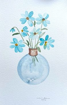 a watercolor painting of blue flowers in a vase