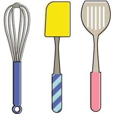 four kitchen utensils with different colors on them