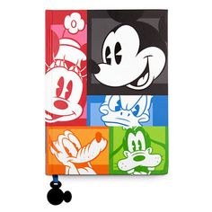 a mickey mouse book with four different colored squares on the front and back cover, featuring cartoon characters