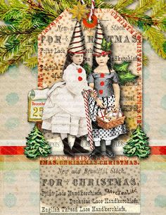 an altered christmas card with two children