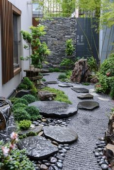 a small garden with rocks and plants in it