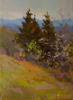 an oil painting of some trees on a hill