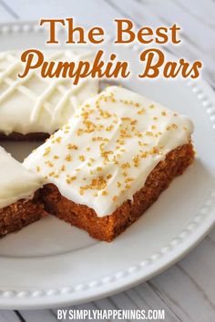 the best pumpkin bars with white frosting and sprinkles on a plate