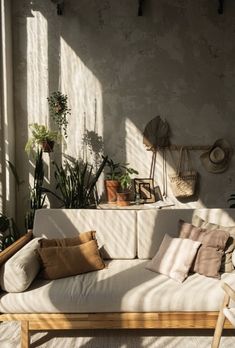 a white couch sitting in front of a window next to potted plants on top of a wooden table