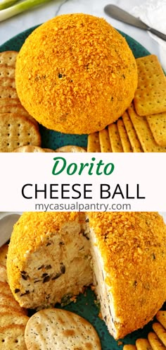 a cheese ball with crackers on the side and in between it is a plate full of crackers