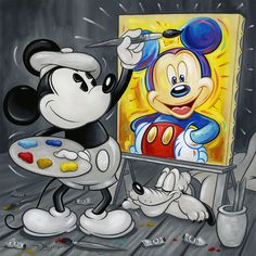 A black and white pie-eyed Mickey puts the finishing touches to a contemporary color self-portrait in this canvas artwork. Created by Tim Rogerson, a fine artist known for bringing beloved Disney characters to life, ''Mickey Paints Mickey'' includes Mickey's loyal pal Pluto who rests with a contented smile beneath the easel. This whimsical and uplifting limited-edition giclée canvas print is gallery wrapped so it is ready to hang in your home, where it can work its magic every day. Mickey Painting, Certificate Of Authenticity, Self Portrait, Canvas Artwork, Limited Edition, Fine Art, Disney, Canvas