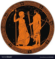 an ancient greek vase with two men holding arrows