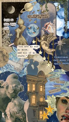 an altered collage with various images and words on the page, including stars, clouds,