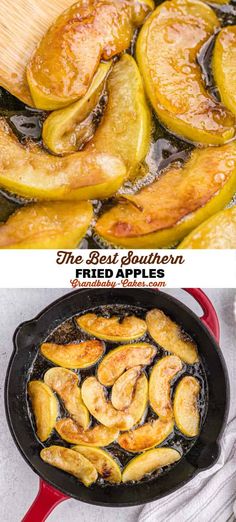 fried apples are being cooked in a frying pan with the words, the best southern fried