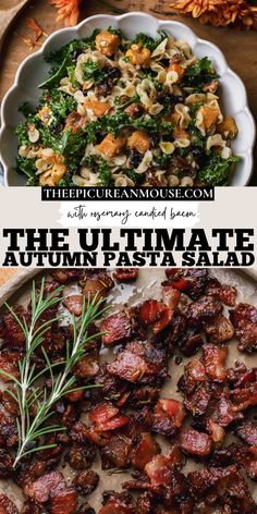 Fall pasta salad with cinnamon roasted butternut squash, candied bacon, dried cranberries, kale, pumpkin seeds, feta cheese and apple cider dressing. Thanksgiving Pasta Salad, Fall Salad, Turkey Pasta Salad, Thanksgiving Pasta, Autumn Salad Recipes, Harvest Salad, Roasted Pumpkin Seeds