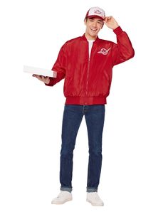 a man in a red jacket is holding a pizza box and posing for the camera