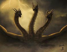 two dragon like creatures with lightning in the background