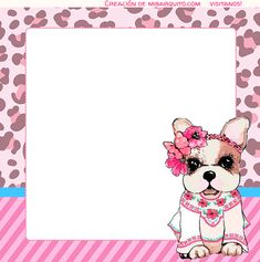 a cute little dog with pink flowers on its head is sitting in front of a blank paper