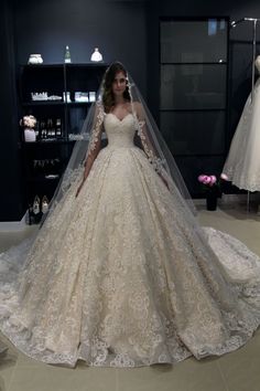 a woman in a wedding dress with a veil on her head standing next to a display case