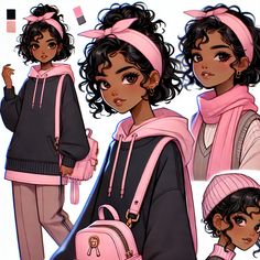 a drawing of a girl with black hair wearing pink and gray clothing, holding a pink backpack