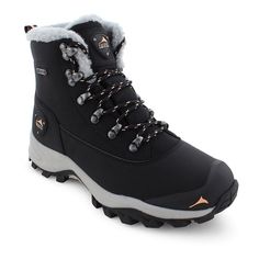 Don't let anything stand in your way this season with these waterproof Alpine Mid boots from Pacific Mountain. Don't let anything stand in your way this season with these waterproof Alpine Mid boots from Pacific Mountain. BOOT FEATURES Waterproof construction ensures feet stay dry Padded tongue & collar Plush lining Lug soleBOOT CONSTRUCTION Polyurethane, textile upper Faux fur lining TPU midsole TPR, rubber outsoleBOOT DETAILS Round toe Lace-up closure Padded footbed 1-in. platform 7-in. sh Functional Waterproof Boots For Winter Walking, Waterproof Gore-tex Boots For Cold Weather, Winter Waterproof Insulated Hiking Boots, Sporty Waterproof Winter Walking Boots, Sporty Waterproof Boots For Winter Walking, Winter Waterproof Boots With Reinforced Toe For Outdoor, Insulated Waterproof Boots For Winter Outdoor Activities, Durable Gore-tex Waterproof Winter Boots, Black Winter Hiking Boots For Cold Weather