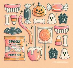 an assortment of halloween themed items on a pink background with the words spooky treats party mix