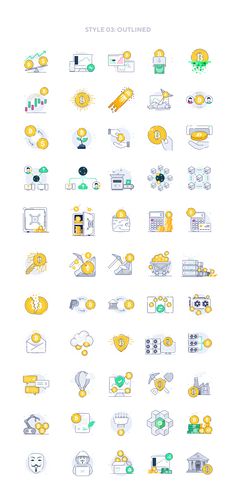 a bunch of yellow and white icons are shown in this graphic design style, with different colors