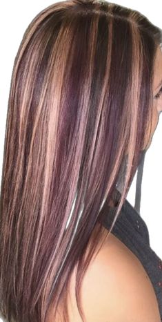 Blond And Purple Highlights On Brown Hair, Purple Hair Chunky Highlights, Purple Hair Highlights On Brown Hair, Subtle Hair Dye Ideas For Blondes, Underdye Hair With Highlights, Colored Stripes In Hair, Purple Hair Streaks Brunette, Purple Chunky Highlights Brown Hair, 2000s Hair Dye