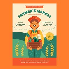 a farmer's market poster with an image of a man holding a box of vegetables