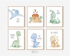 four watercolor dinosaurs are featured in this set of four art prints, each with different colors