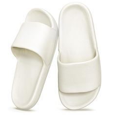 PRICES MAY VARY. Wide and Comfortable Fit: Enjoy extra space and comfort with a wider fit, perfect for those who prefer a looser fit. The sole is about 1 inch thick, providing a cozy and cushioned experience. Ergonomic Design: Experience effortless walking with a forward tilt that mimics natural steps. The sunken footbed fits the foot curve, keeping toes secure and reducing injury risk. Quick Dry & Lightweight: Stay fresh and dry with quick-drying, odor-resistant slippers that weigh only 200g, o Comfortable Non-slip White Sandals, White Slide Flip Flops For Leisure, White Open Toe Leisure Slippers, Comfortable White Sandals For Leisure, Comfortable White Flat Platform Slippers, White Comfortable Slides, White Synthetic Flip Flops For Leisure, White Flat Slides For Leisure, White Slide Slippers For Vacation