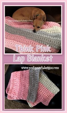 a brown dog laying on top of a blanket next to a pink and white blanket