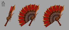 three red and gold fan shaped objects on a gray background, each with an intricate design