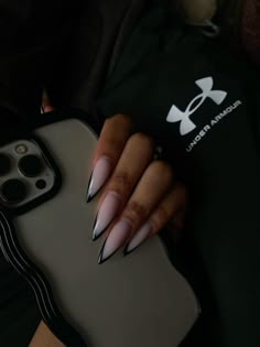 Curved Stilleto Acrylic Nails, Milky White Nails With Black French Tip, Curved Nails French Tip, Stellitoes Nails Simple, Black Stiletto French Tip Nails, Almond Nails French Tip Long, Sharp Almond Acrylic Nails, Red French Tip Stiletto Nails, Black Tip Stiletto Nails