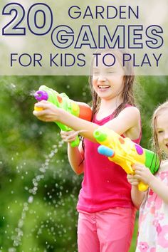 Kids with water blasters and text reads 20 garden games for kids to play Egg And Spoon Race, Bag Toss Game, Garden Games, Scavenger Hunt For Kids, Uk Football, Bag Toss, Bean Bag Toss, Multiplication For Kids