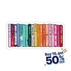 a bunch of books that are sitting on top of a white background with the words buy 10 get 50 % off