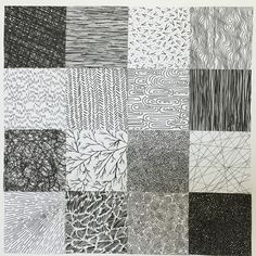 an art work with many different types of patterns and shapes in black and white colors